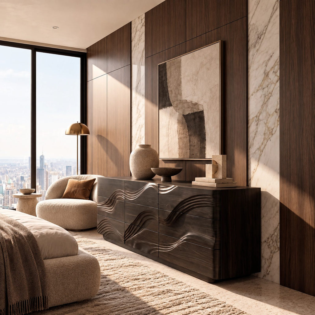 Contemporary Dresser With Raised Sculpted Wave Front For Bedroom
