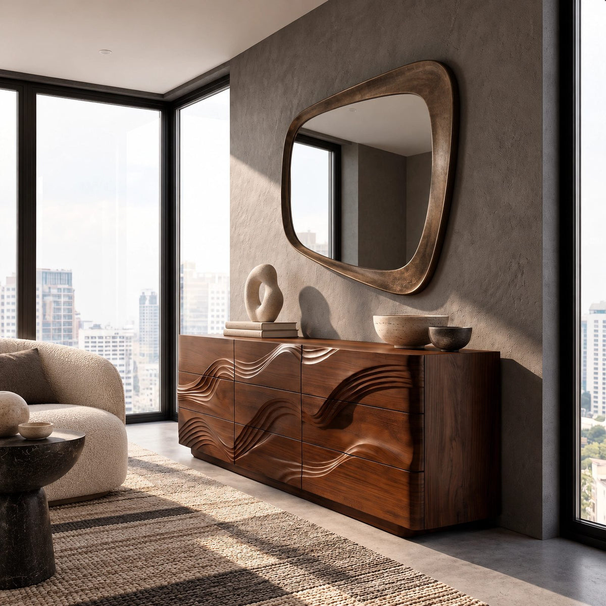 Contemporary Dresser With Raised Sculpted Wave Front For Bedroom
