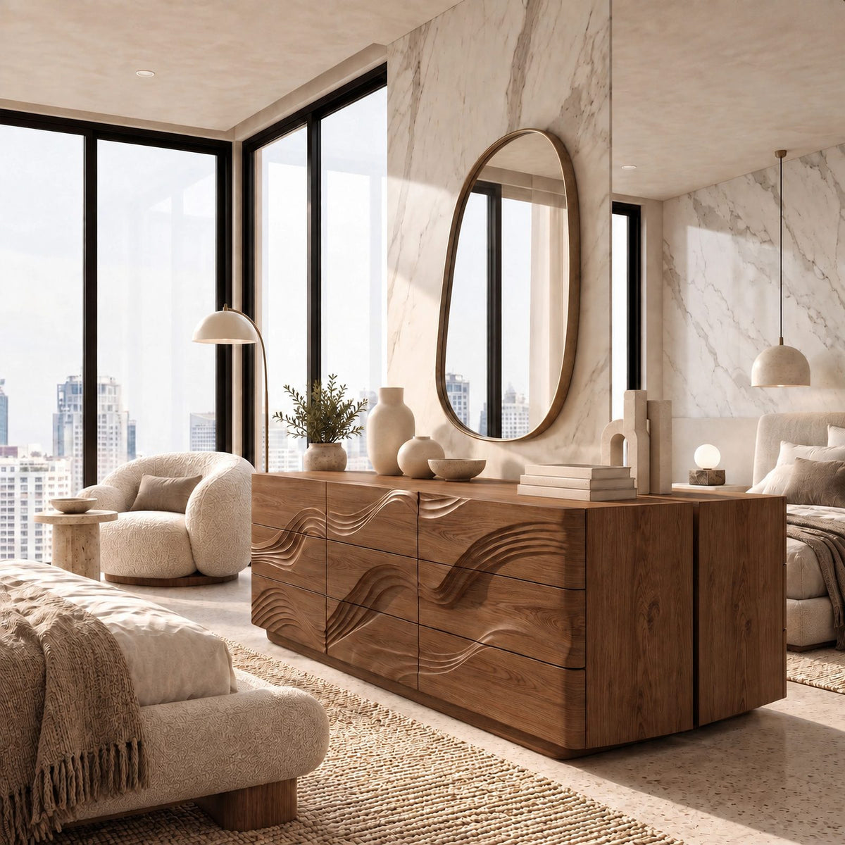 Contemporary Dresser With Raised Sculpted Wave Front For Bedroom