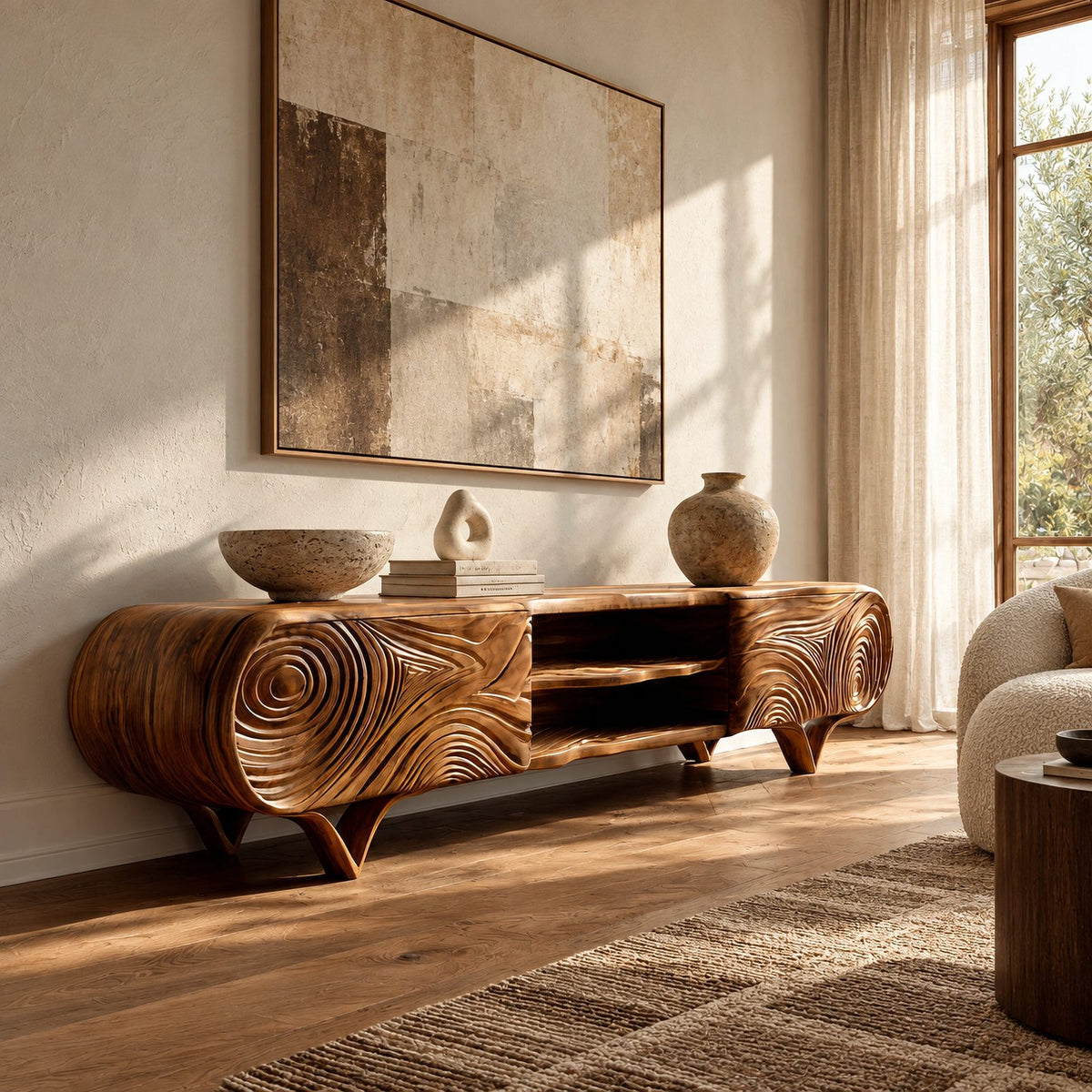 Rustic Carved Solid Wood TV Cabinet With Tree Ring Pattern For Living Room