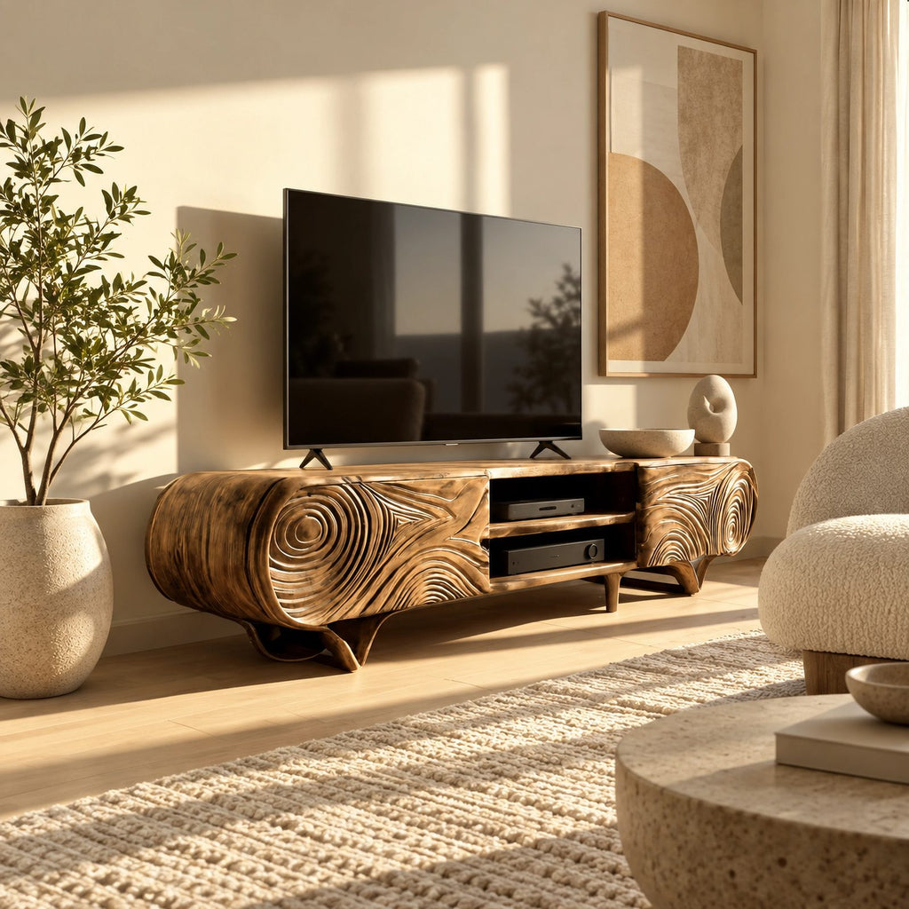 Rustic Carved Solid Wood TV Cabinet With Tree Ring Pattern For Living Room