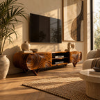 Rustic Carved Solid Wood TV Cabinet With Tree Ring Pattern For Living Room