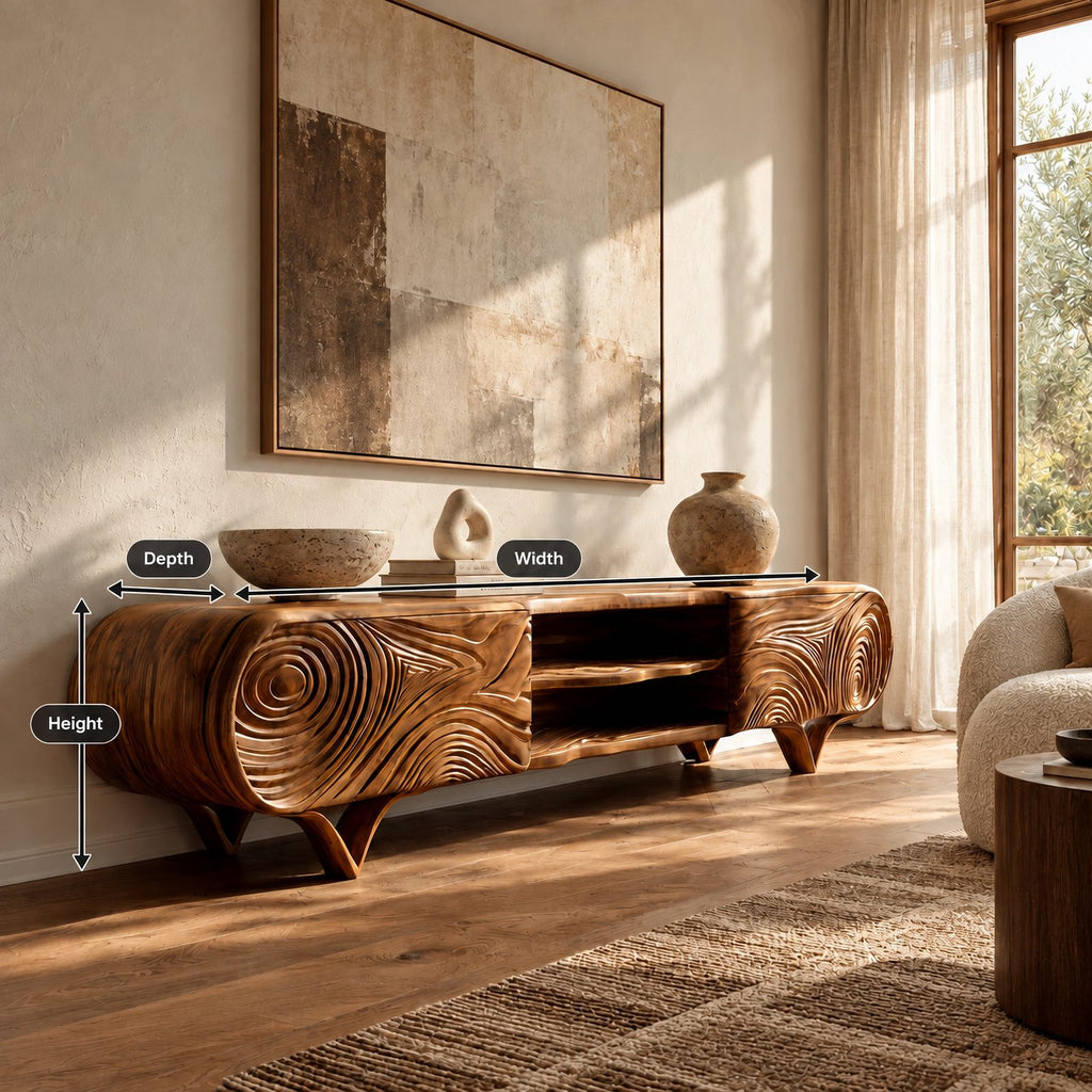 Rustic Carved Solid Wood TV Cabinet With Tree Ring Pattern For Living Room