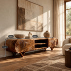 Rustic Carved Solid Wood TV Cabinet With Tree Ring Pattern For Living Room