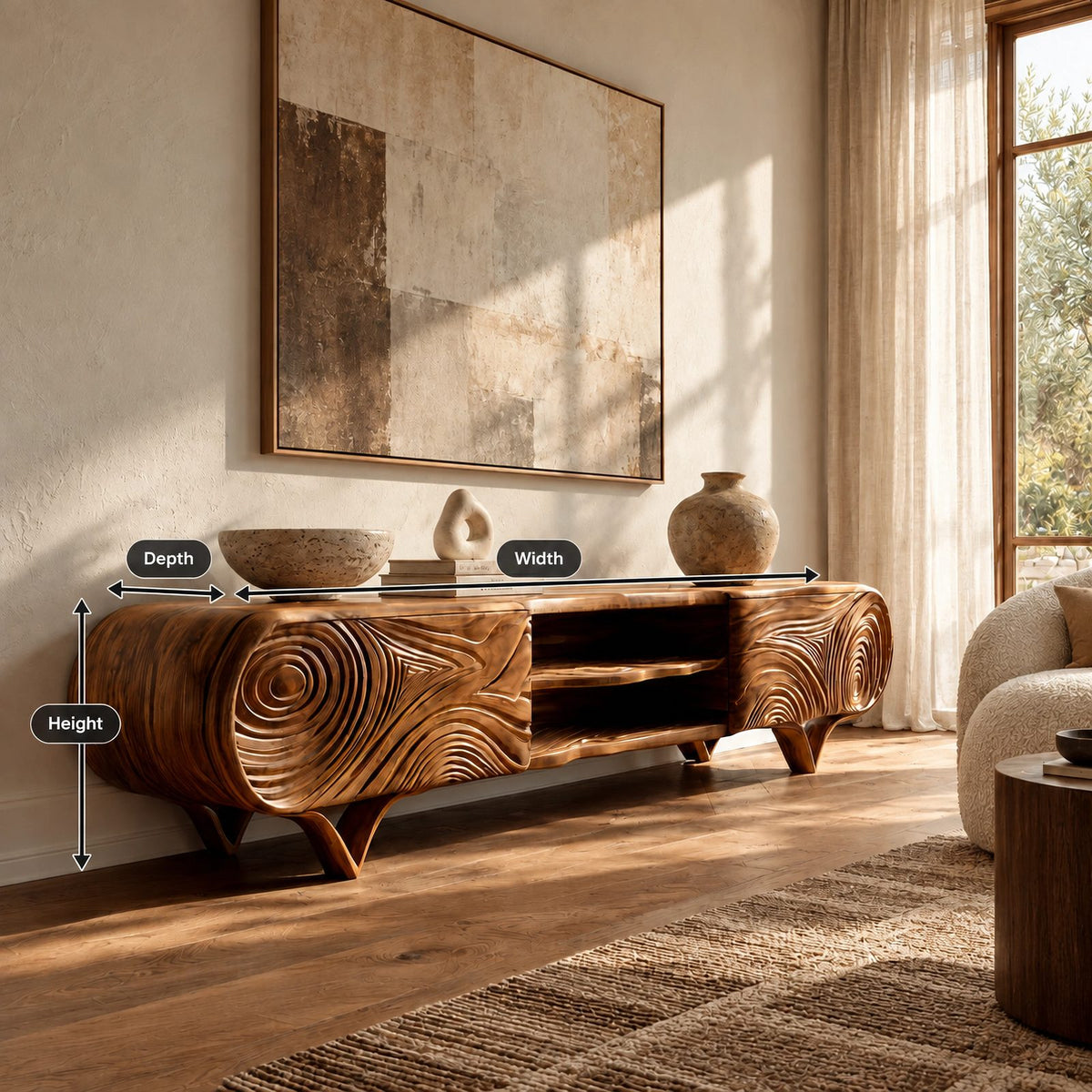 Rustic Carved Solid Wood TV Cabinet With Tree Ring Pattern For Living Room