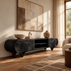 Rustic Carved Solid Wood TV Cabinet With Tree Ring Pattern For Living Room