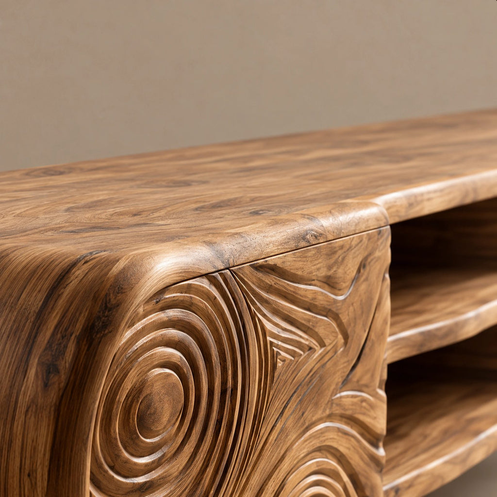 Rustic Carved Solid Wood TV Cabinet With Tree Ring Pattern For Living Room