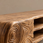 Rustic Carved Solid Wood TV Cabinet With Tree Ring Pattern For Living Room