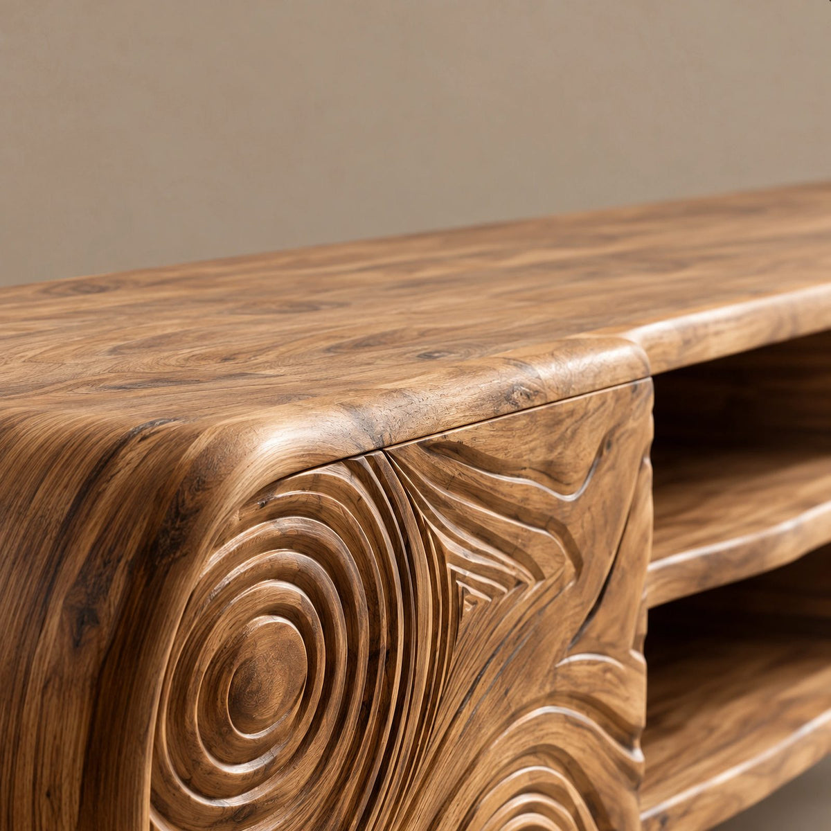 Rustic Carved Solid Wood TV Cabinet With Tree Ring Pattern For Living Room