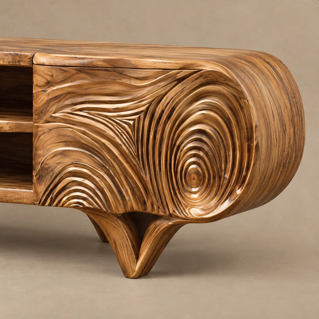 Rustic Carved Solid Wood TV Cabinet With Tree Ring Pattern For Living Room