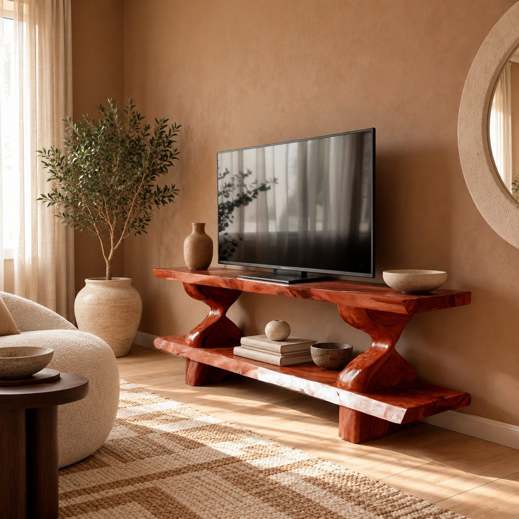 Mid Century Solid Wood TV Console With Open Shelves For Living Room