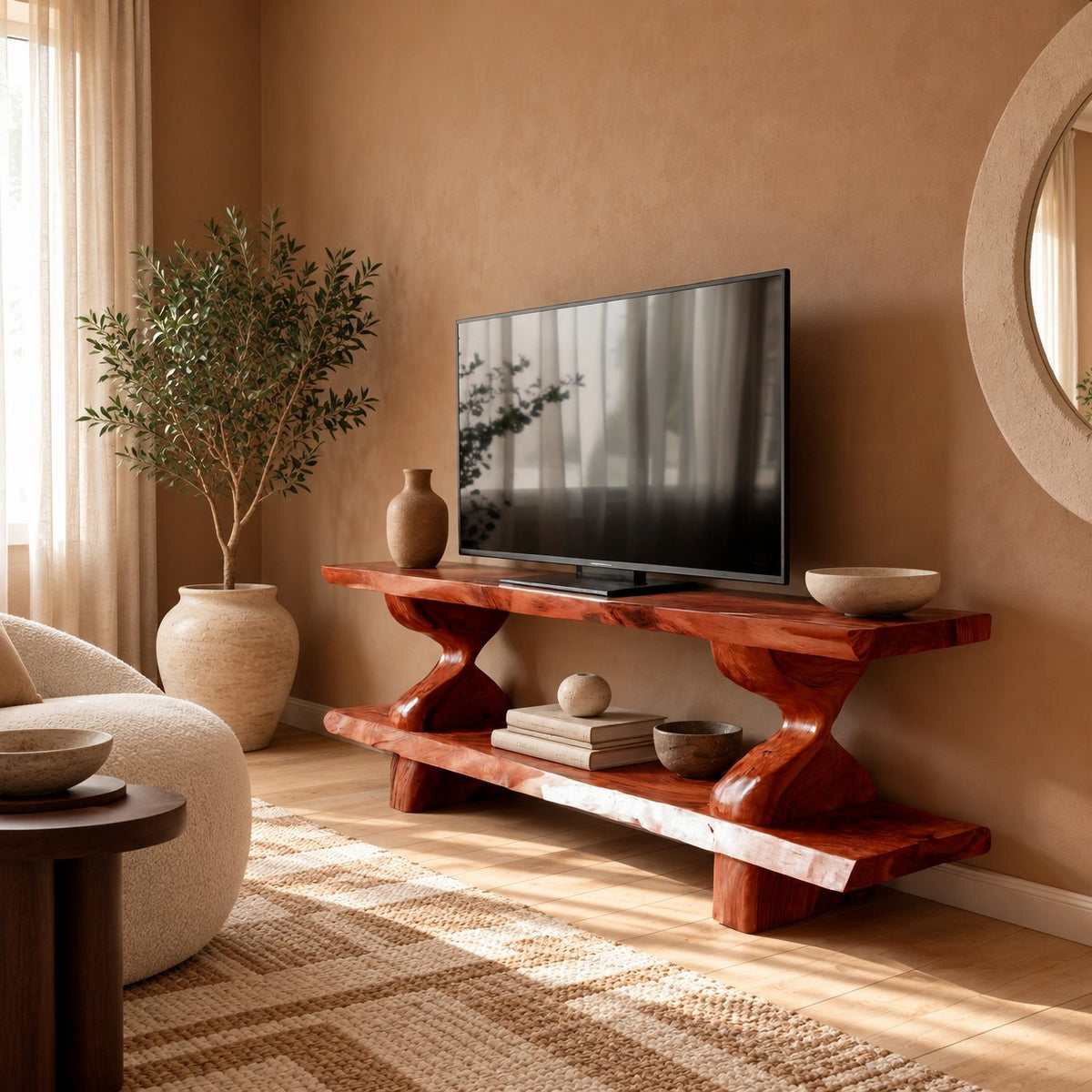 Mid Century Solid Wood TV Console With Open Shelves For Living Room