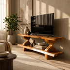 Mid Century Solid Wood TV Console With Open Shelves For Living Room
