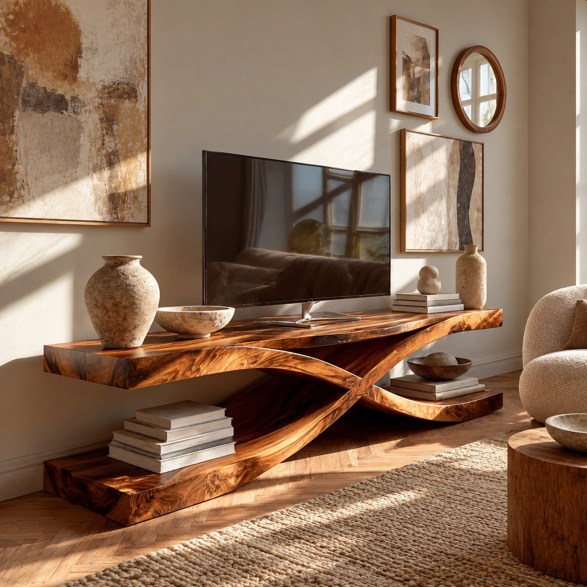 Sculptural Solid Wood TV Console With Crossed Base For Living Room