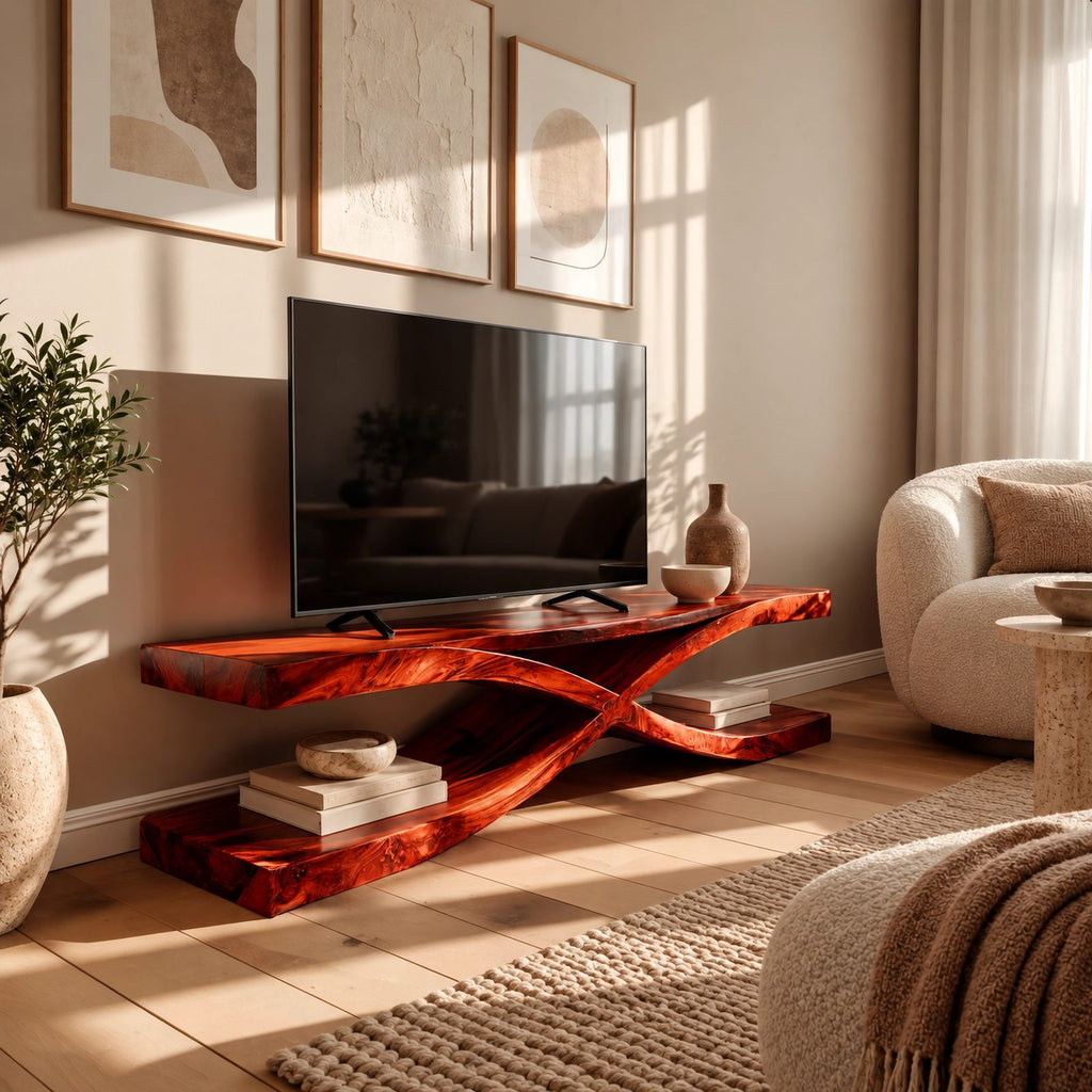 Sculptural Solid Wood TV Console With Crossed Base For Living Room