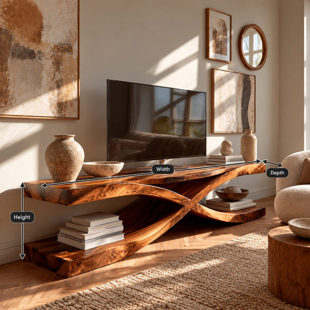 Sculptural Solid Wood TV Console With Crossed Base For Living Room