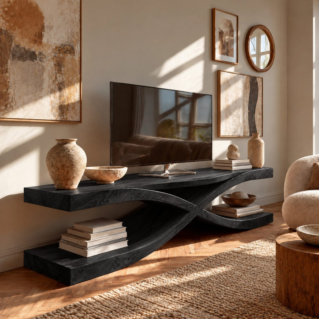 Sculptural Solid Wood TV Console With Crossed Base For Living Room