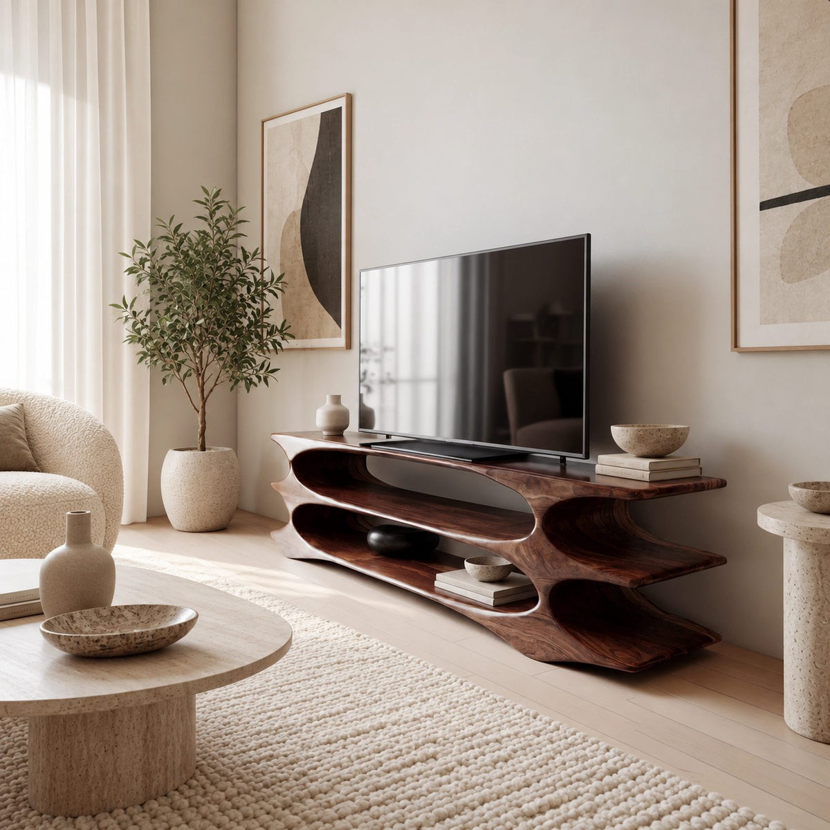 Contemporary Solid Wood TV Console With Three Open Tiers For Living Room