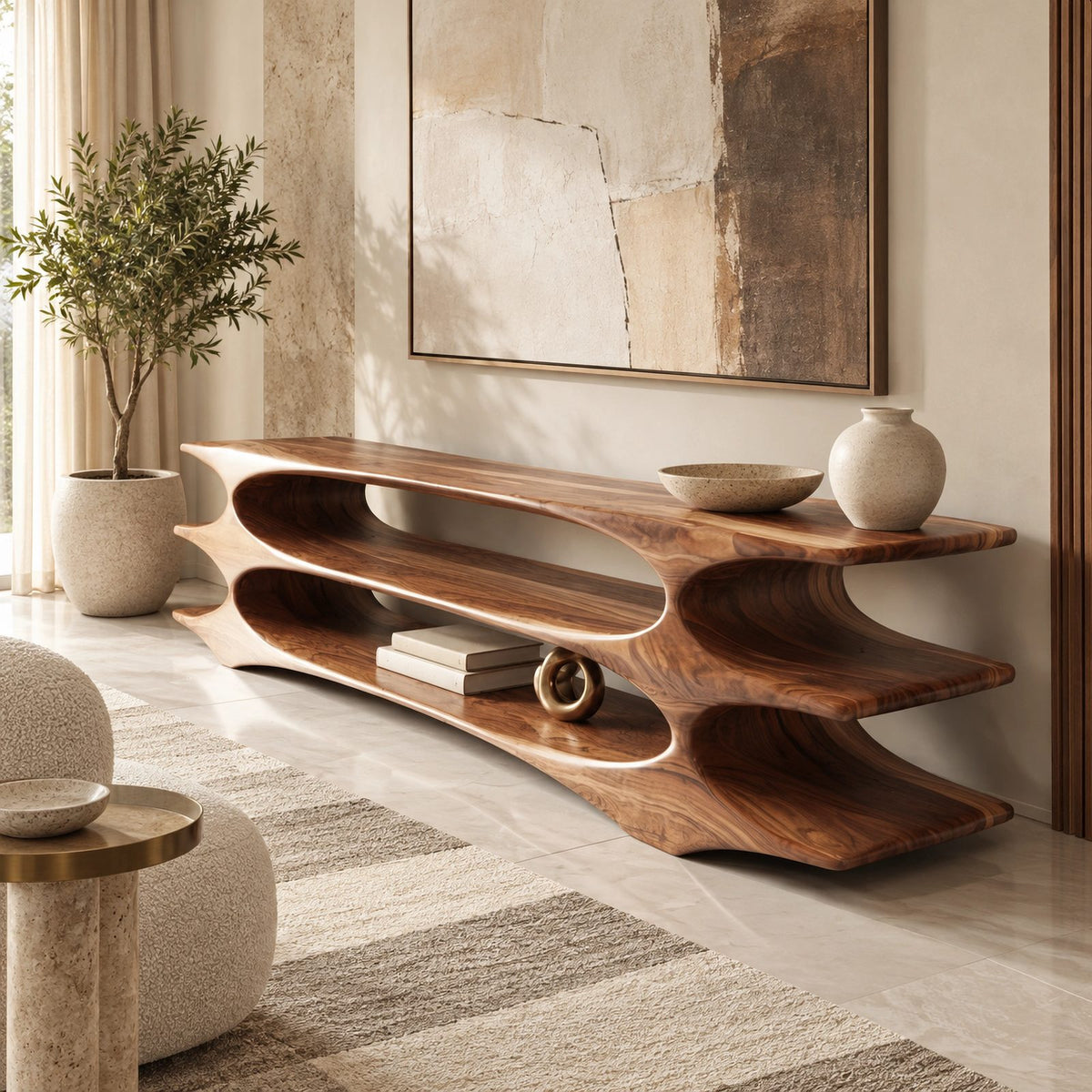 Contemporary Solid Wood TV Console With Three Open Tiers For Living Room