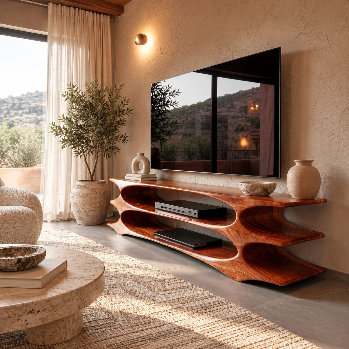 Contemporary Solid Wood TV Console With Three Open Tiers For Living Room
