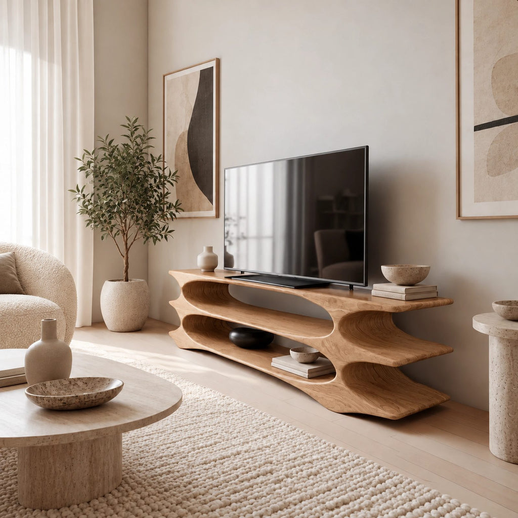 Contemporary Solid Wood TV Console With Three Open Tiers For Living Room