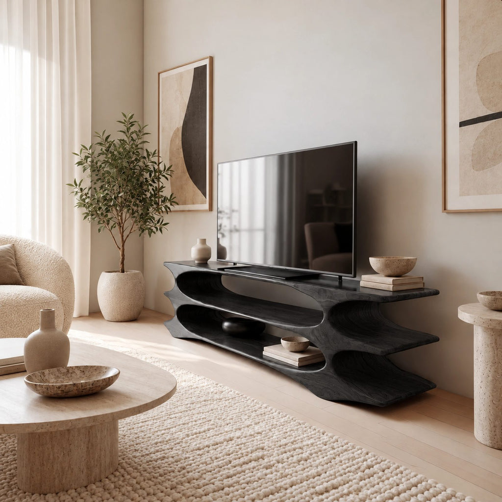 Contemporary Solid Wood TV Console With Three Open Tiers For Living Room