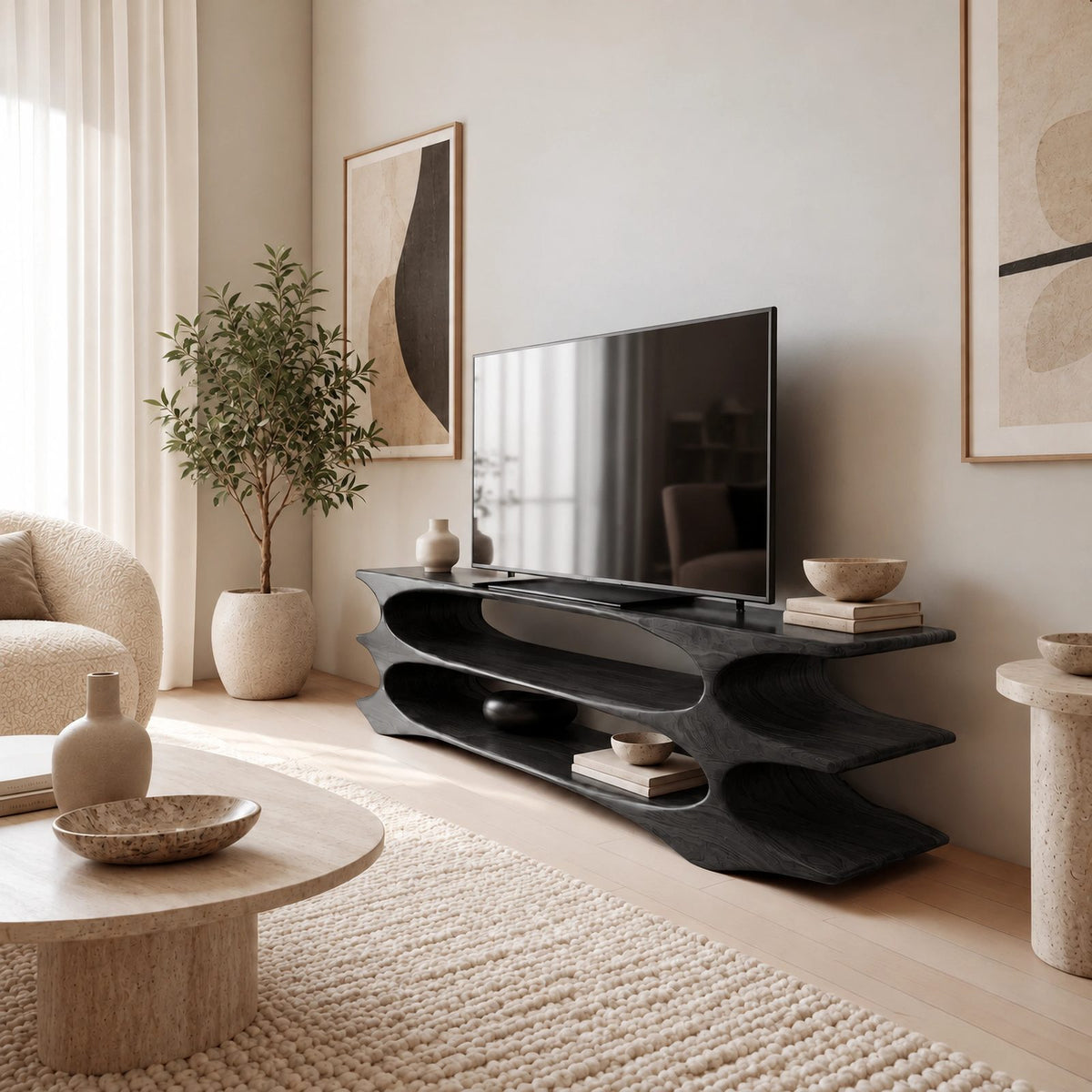 Contemporary Solid Wood TV Console With Three Open Tiers For Living Room