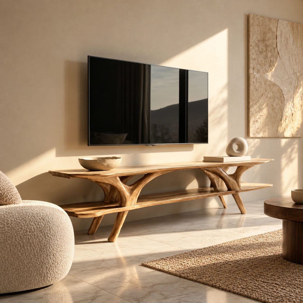 Organic Branch Leg TV Console With Open Shelving For Living Room