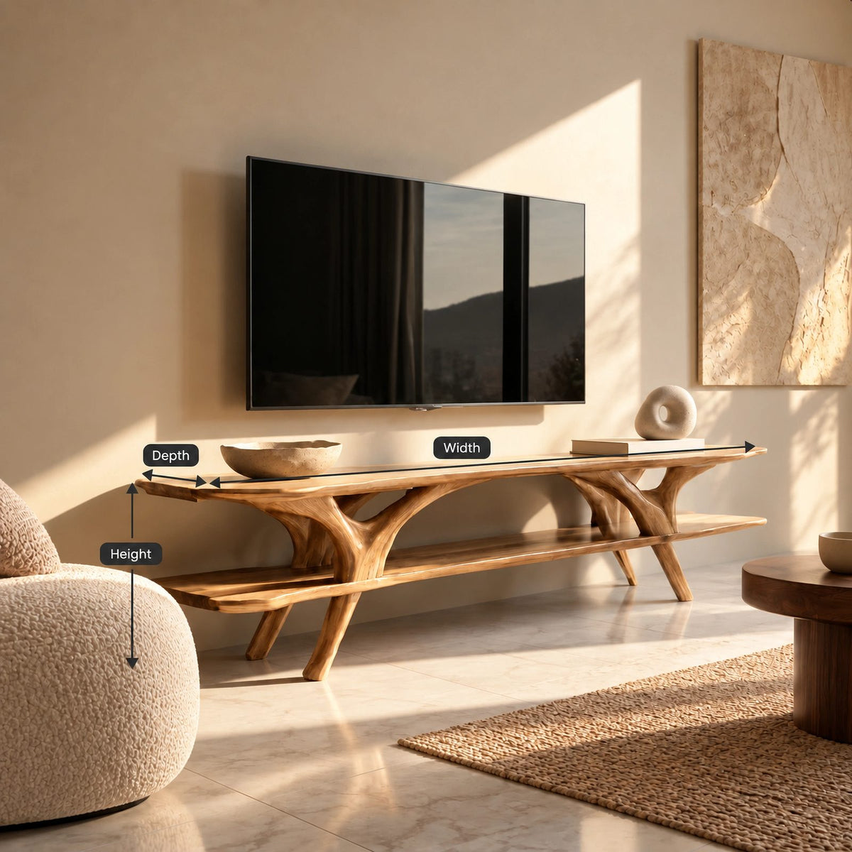 Organic Branch Leg TV Console With Open Shelving For Living Room