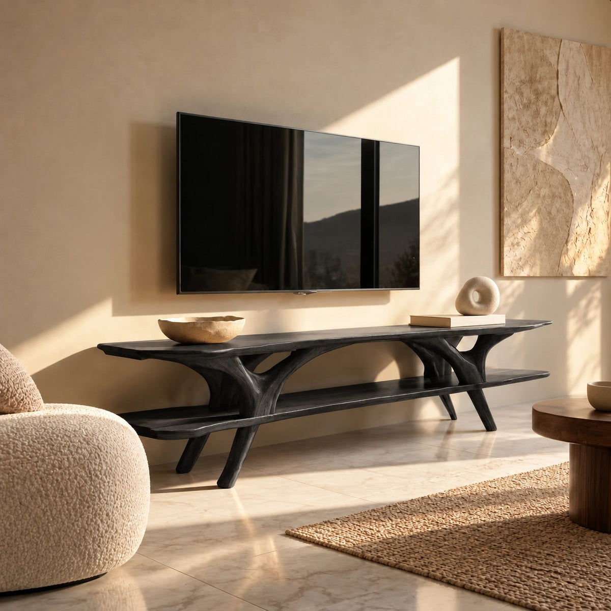 Organic Branch Leg TV Console With Open Shelving For Living Room