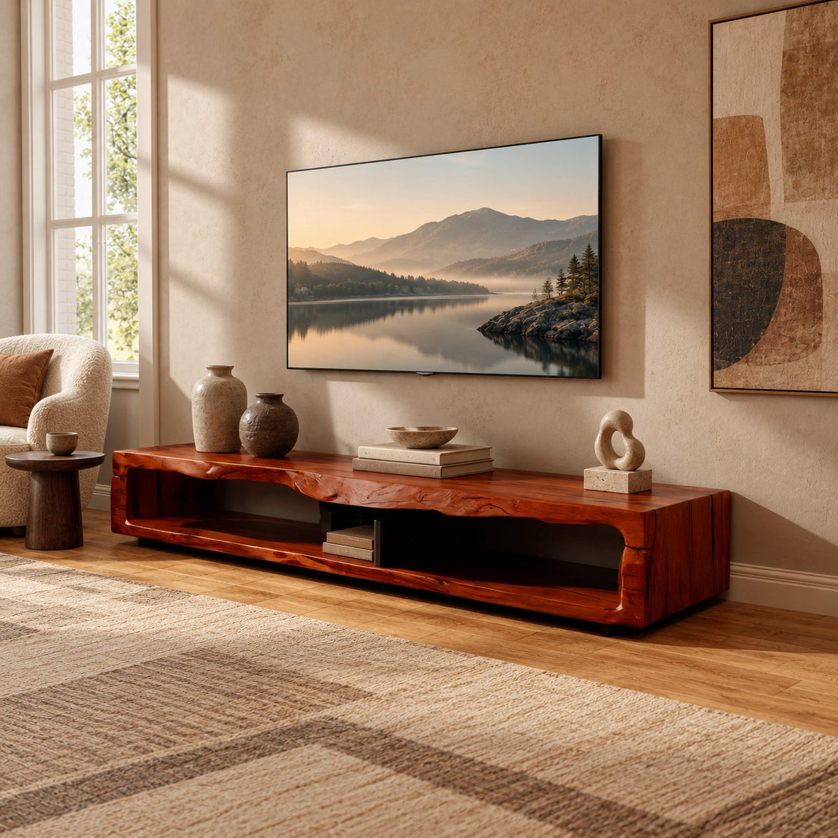 Sculptural Live Edge TV Console With Waterfall Base For Living Room