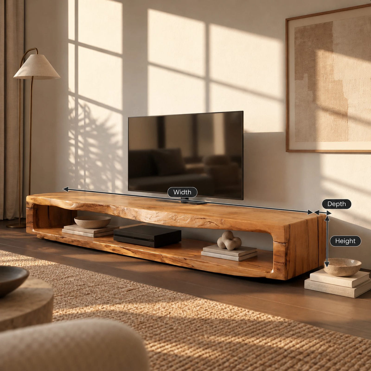 Sculptural Live Edge TV Console With Waterfall Base For Living Room