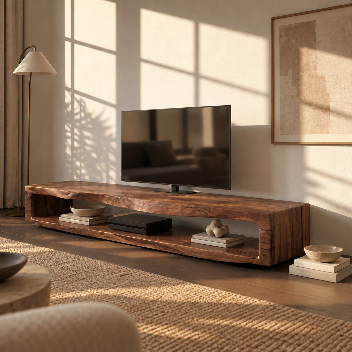 Sculptural Live Edge TV Console With Waterfall Base For Living Room