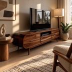 Mid Century Rounded Wood TV Cabinet With Storage Drawers For Living Room