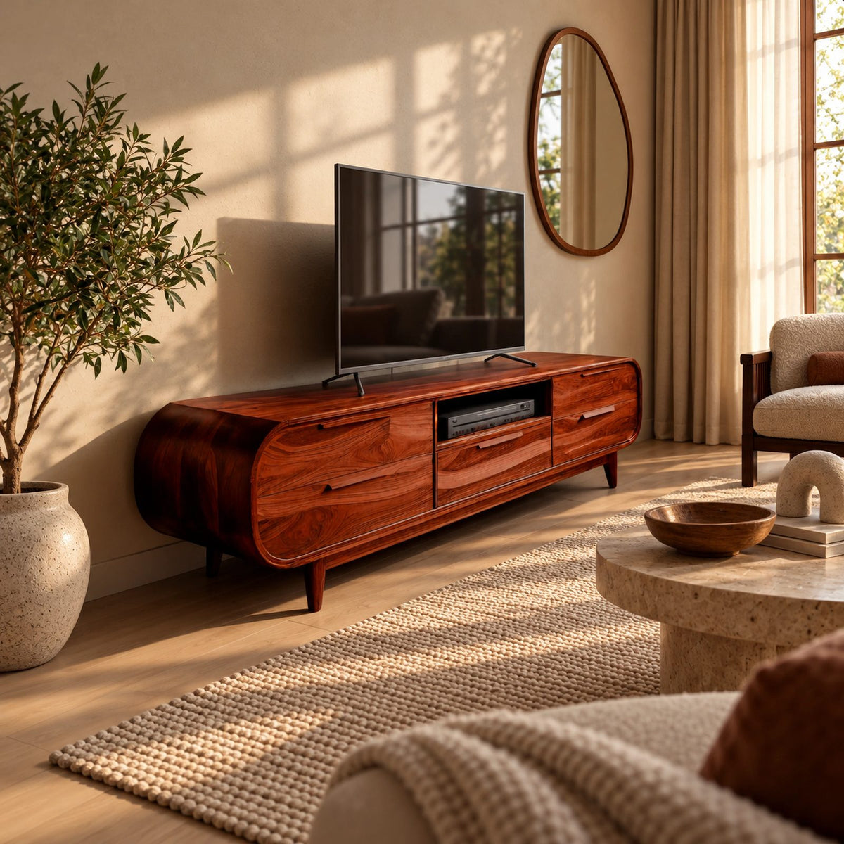 Mid Century Rounded Wood TV Cabinet With Storage Drawers For Living Room