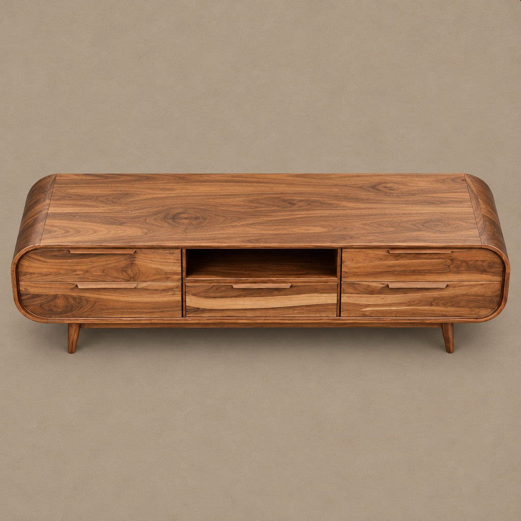 Mid Century Rounded Wood TV Cabinet With Storage Drawers For Living Room