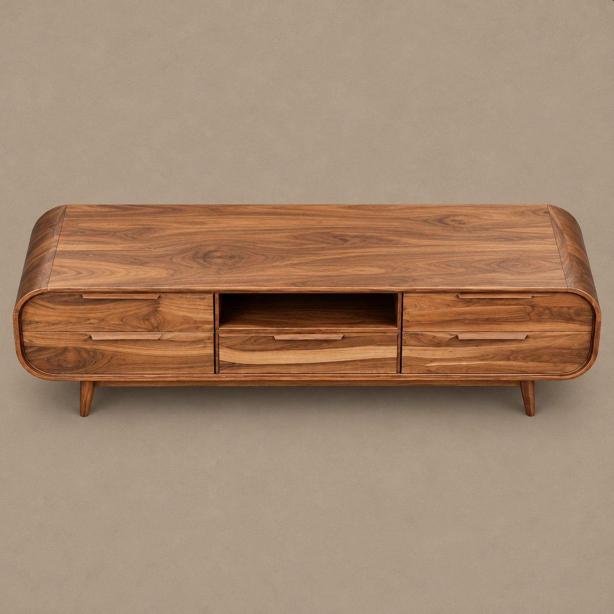 Mid Century Rounded Wood TV Cabinet With Storage Drawers For Living Room