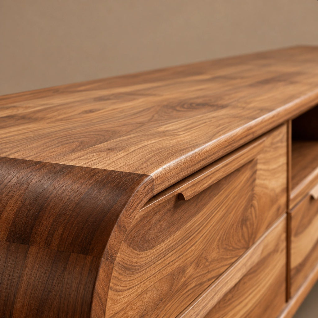 Mid Century Rounded Wood TV Cabinet With Storage Drawers For Living Room