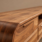 Mid Century Rounded Wood TV Cabinet With Storage Drawers For Living Room