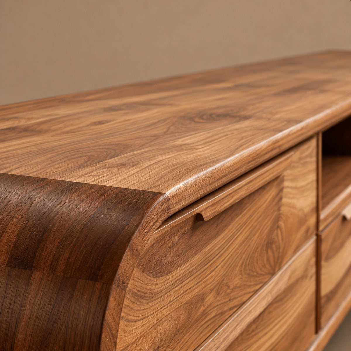 Mid Century Rounded Wood TV Cabinet With Storage Drawers For Living Room
