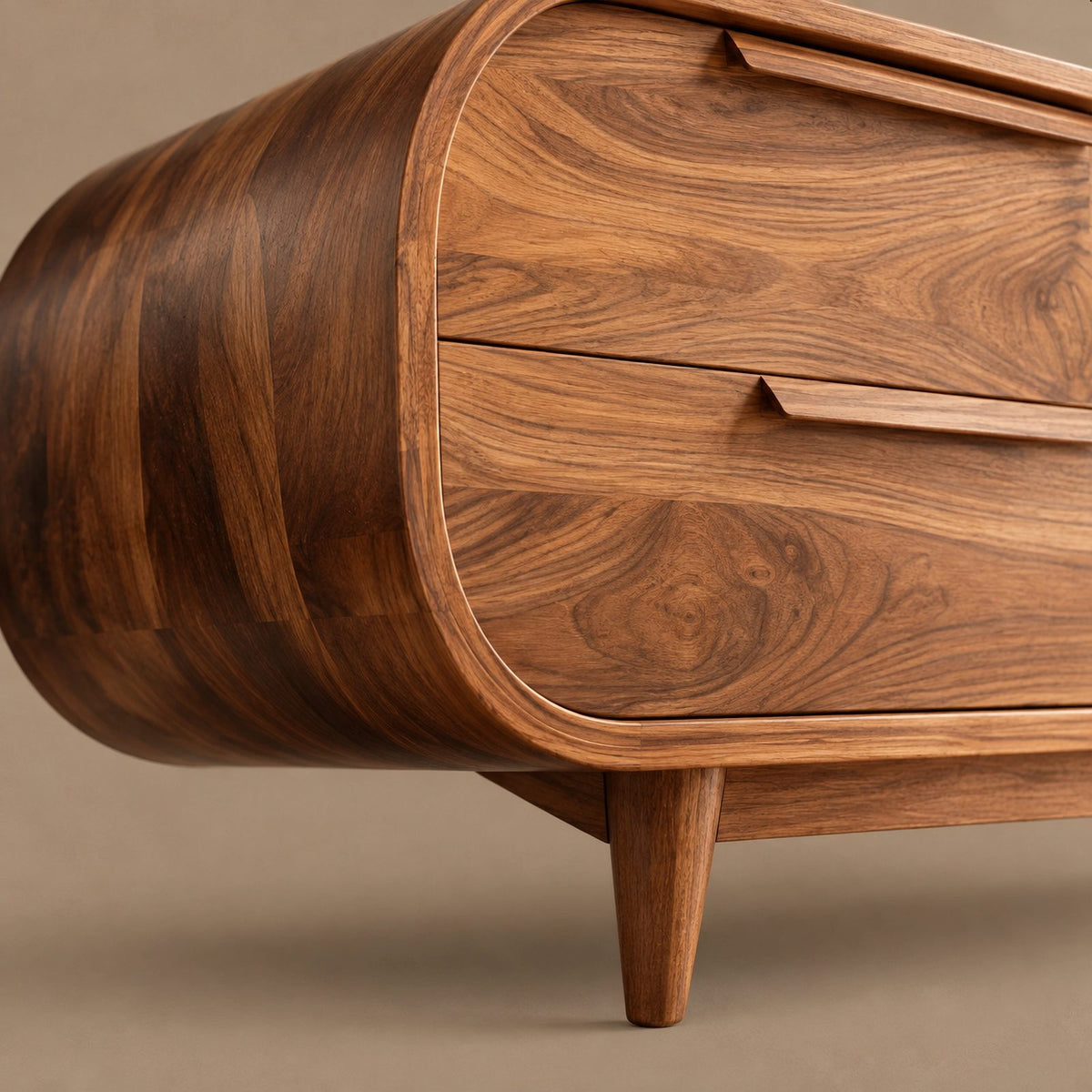 Mid Century Rounded Wood TV Cabinet With Storage Drawers For Living Room
