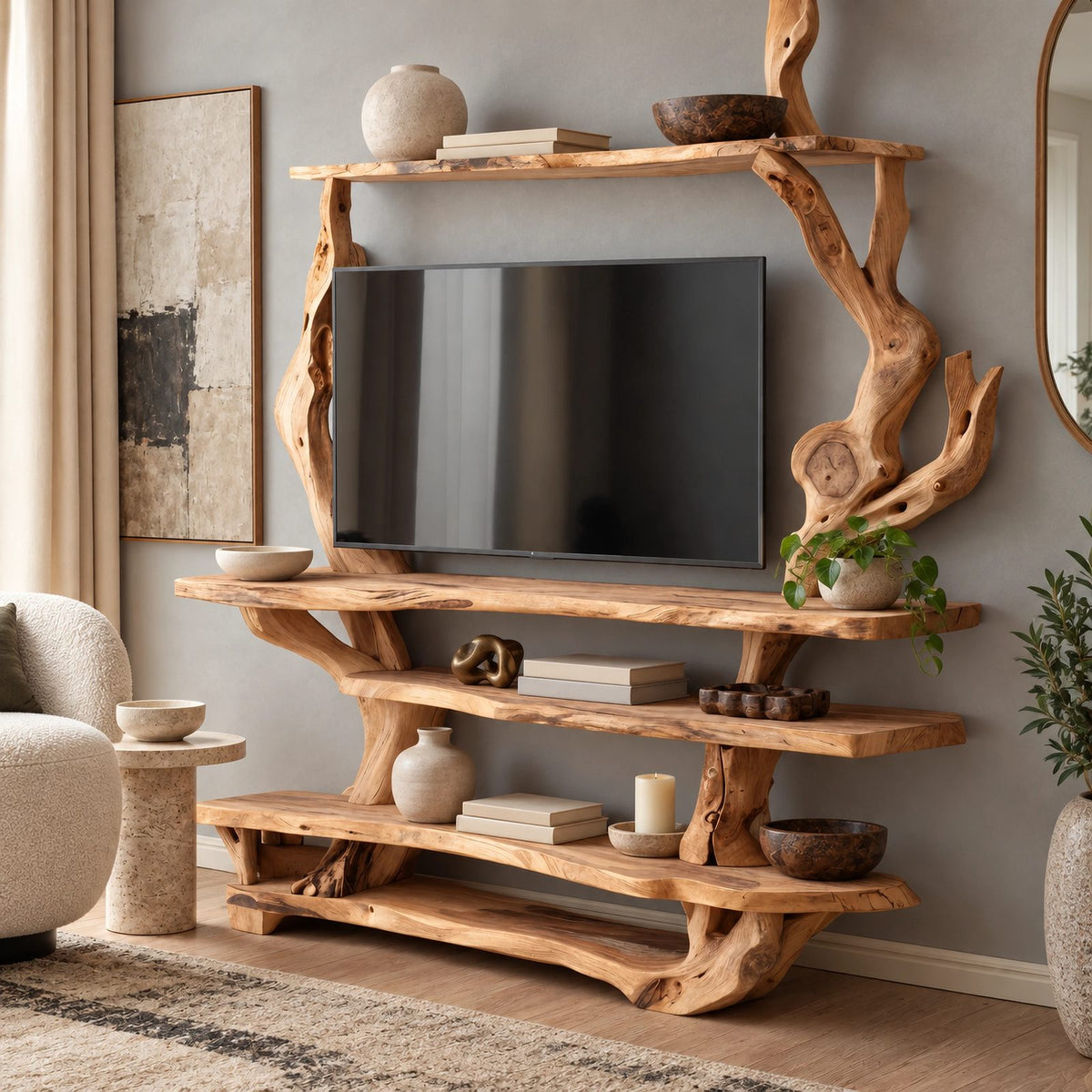 Sculptural Branch Frame TV Console With Display Shelves For Living Room