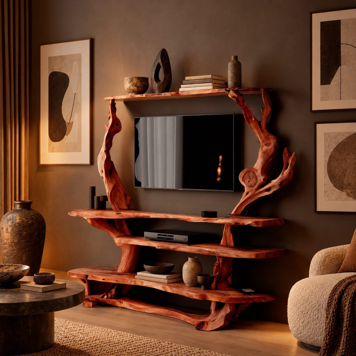 Sculptural Branch Frame TV Console With Display Shelves For Living Room
