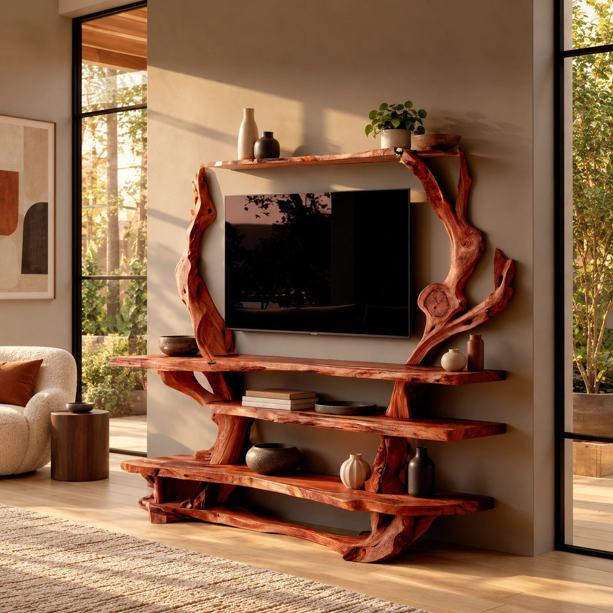 Sculptural Branch Frame TV Console With Display Shelves For Living Room