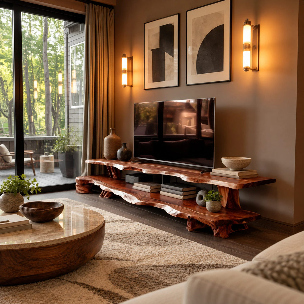 Organic Live Edge TV Console With Root Trunk Legs For Living Room