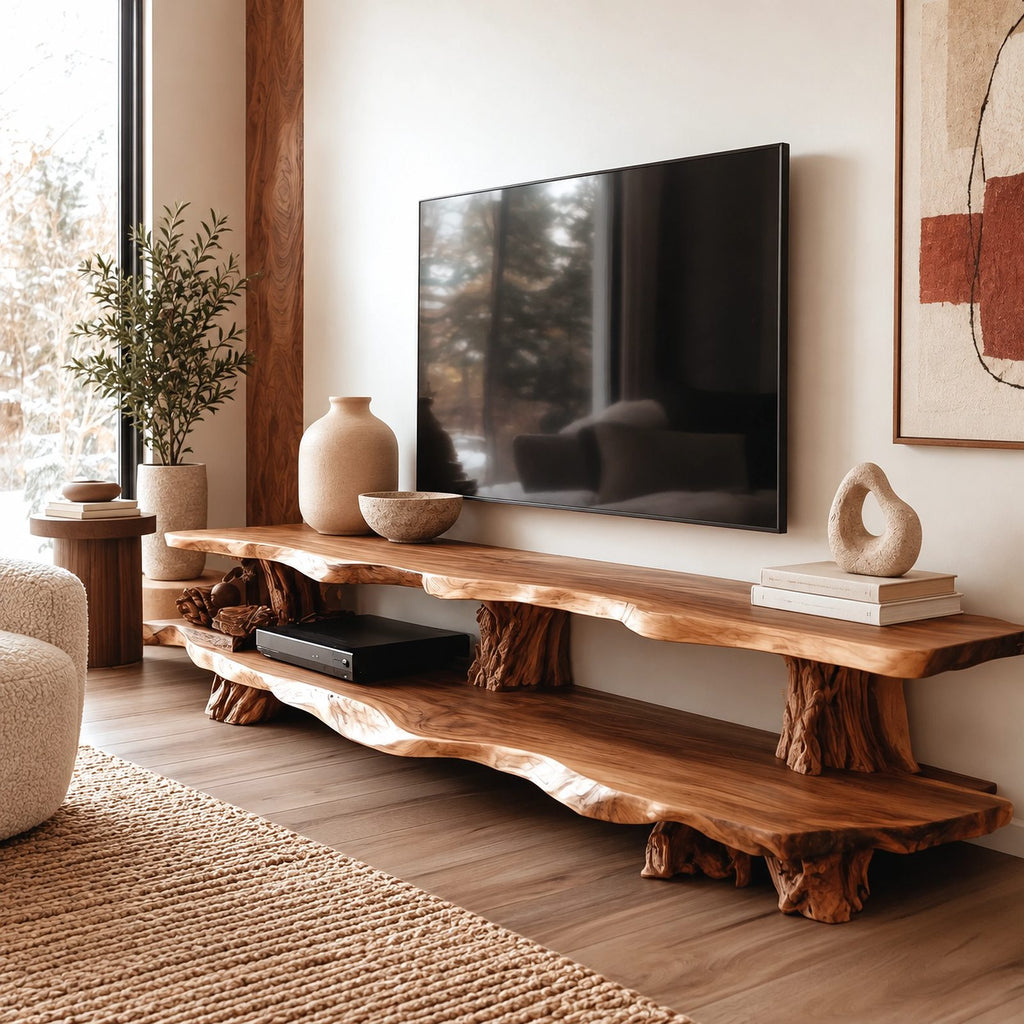 Organic Live Edge TV Console With Root Trunk Legs For Living Room