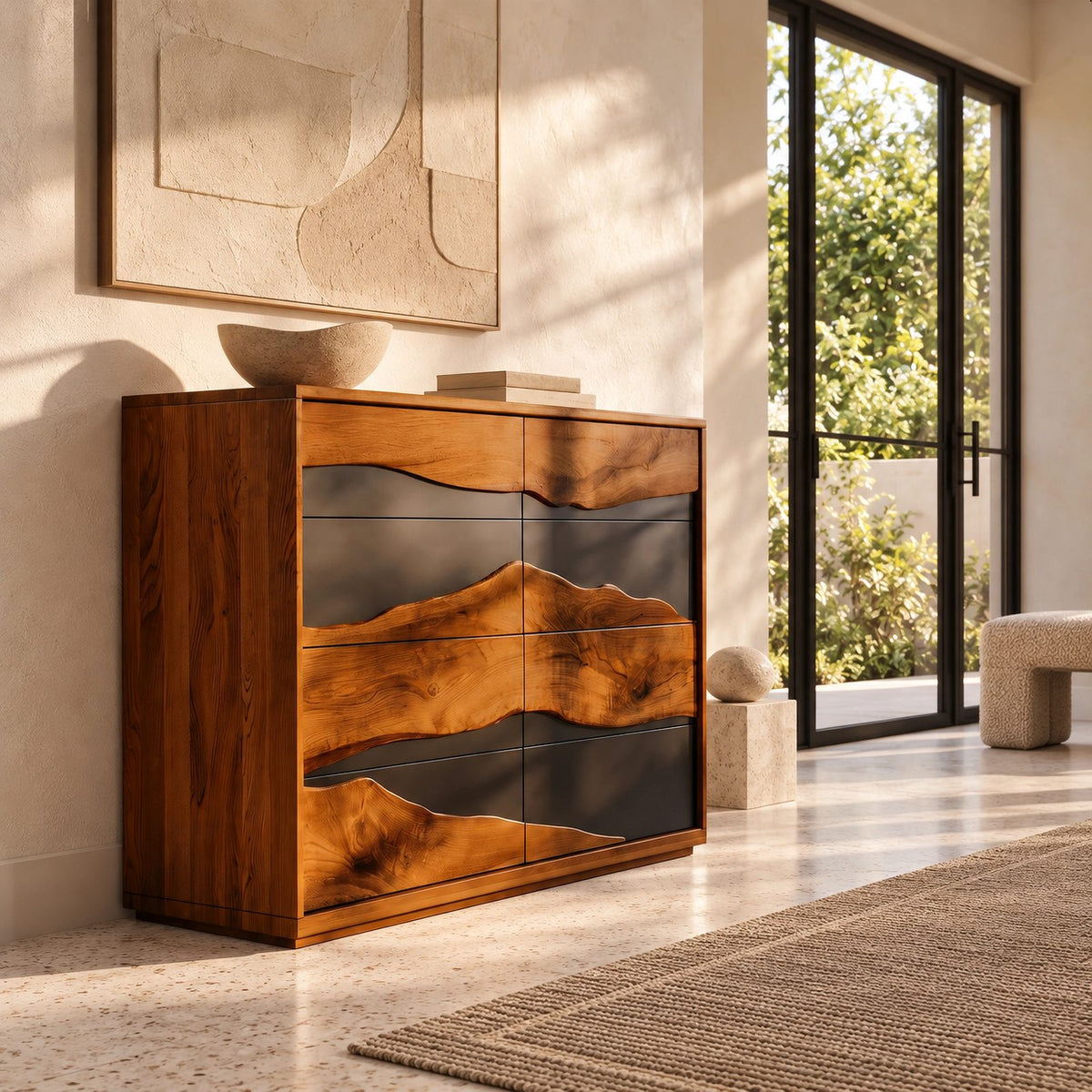 Organic Tall Dresser With Contrasting Wood Grain Front For Bedroom
