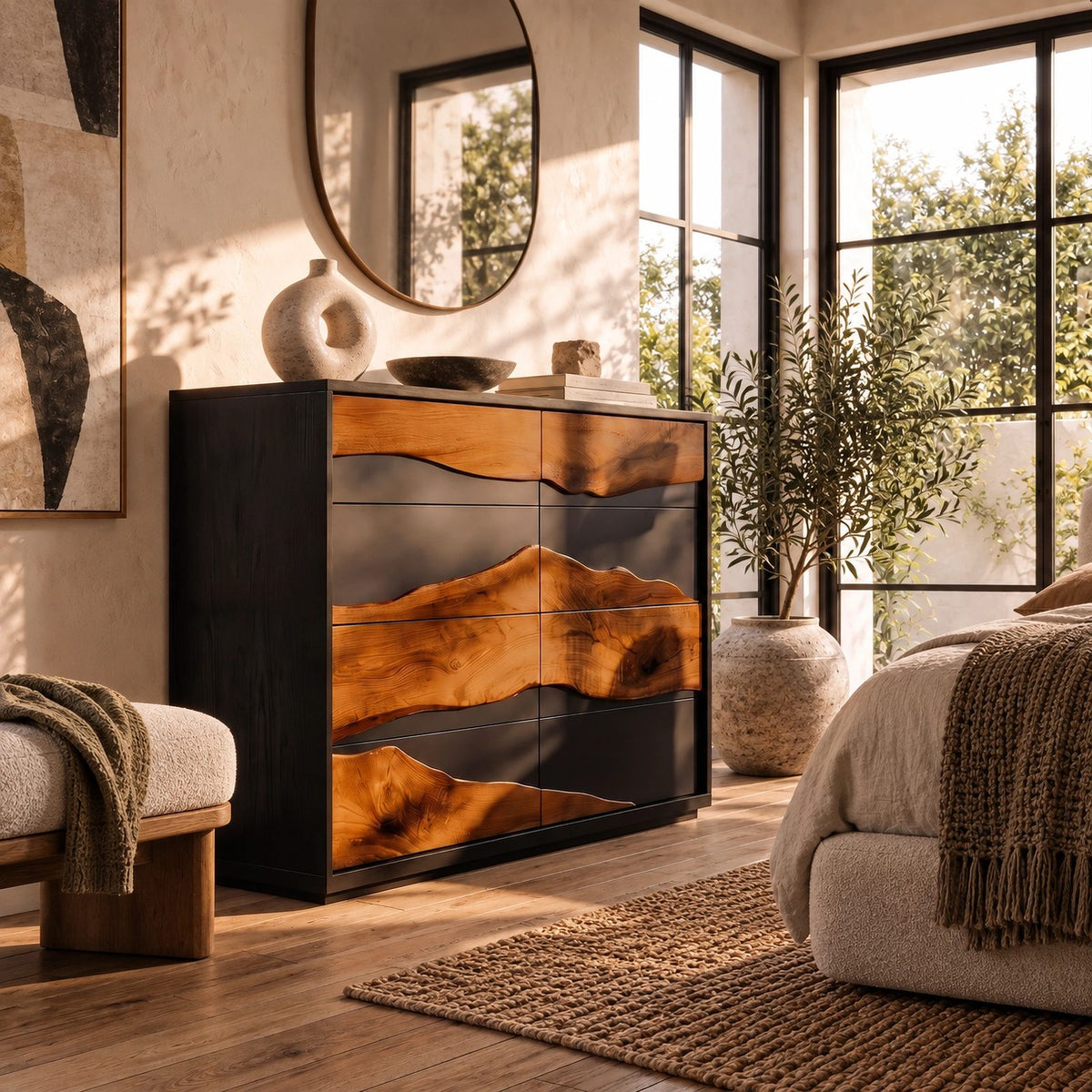 Organic Tall Dresser With Contrasting Wood Grain Front For Bedroom