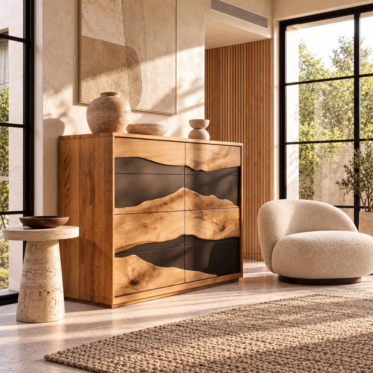 Organic Tall Dresser With Contrasting Wood Grain Front For Bedroom