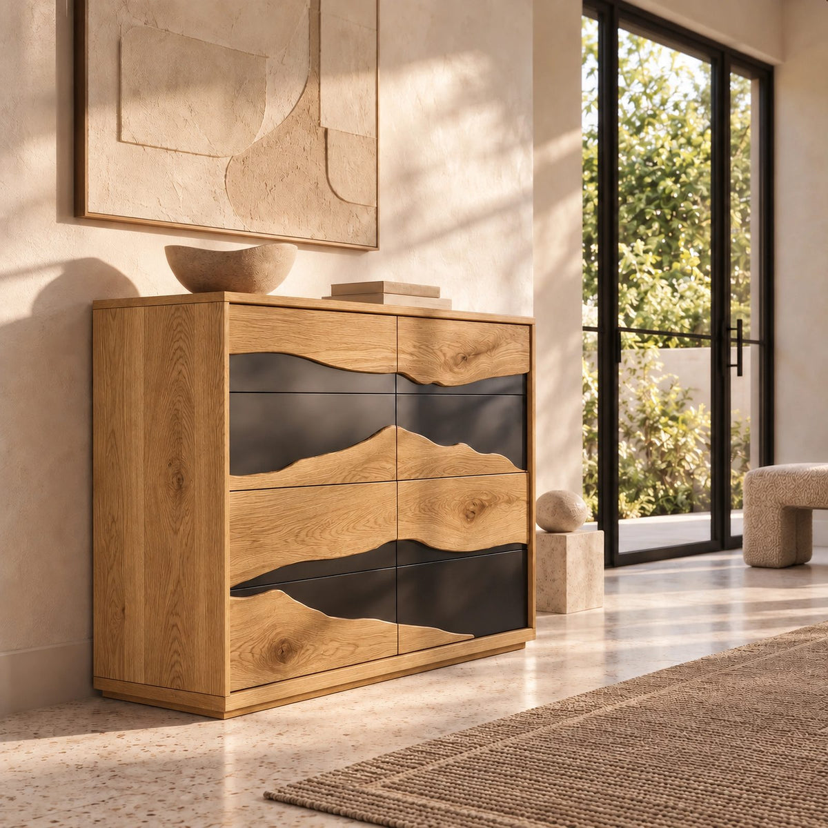 Organic Tall Dresser With Contrasting Wood Grain Front For Bedroom